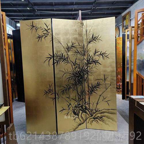 高档中式手绘金箔竹屏风子漆现画 画隔断厅卧室客简约代折叠移动