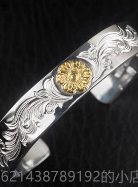 高档D银ear Blo毅ssom松直18K井金蔷薇花满唐草平打手镯纯男女手