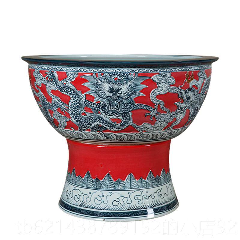 高档景德镇陶瓷鱼缸瓷底座花盆柱式龟缸睡莲莲花盆金庭院带装饰碗