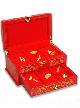 高档高端大红色嫁婚庆九宝黄金首饰盒婚珠宝箱喜字新嫁妆收八娘宝