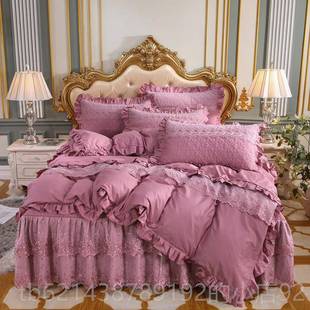 4件套 四件家加厚加棉套罩式 高档申牟纺 斜纹纯棉双层蕾丝床床裙式