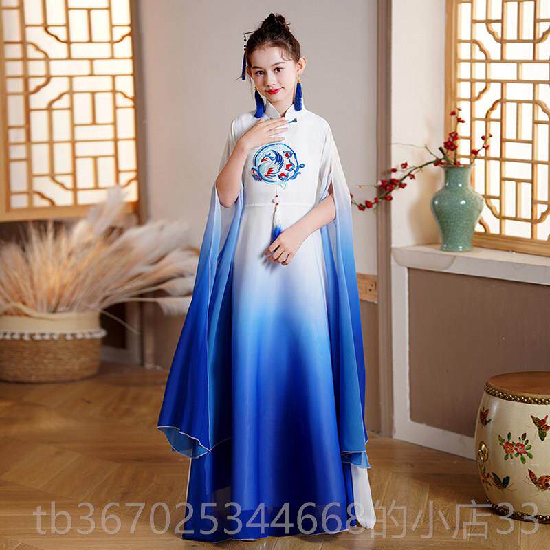 正品女中童汉服国风大童飘逸水袖儿服童古筝演出中长笛钢琴长裙表