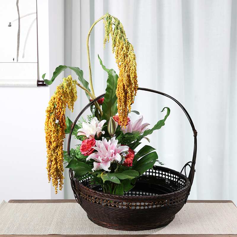 中华花艺专业花器 复古竹编竹篮 中日式 广口篮小号 配内胆塑胶盘