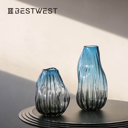 Best west 冰川蓝条纹小口扭曲手工水培玻璃花瓶家居装饰品花器