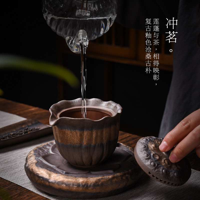 德玉堂 粗陶复古鎏金手抓壶日式纯手工茶壶家用分茶器带壶垫茶组
