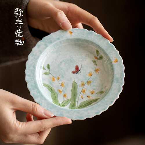 弥言手绘蝴蝶兰花壶承手工陶瓷花口干泡盘圆形茶台家用茶点盘简约