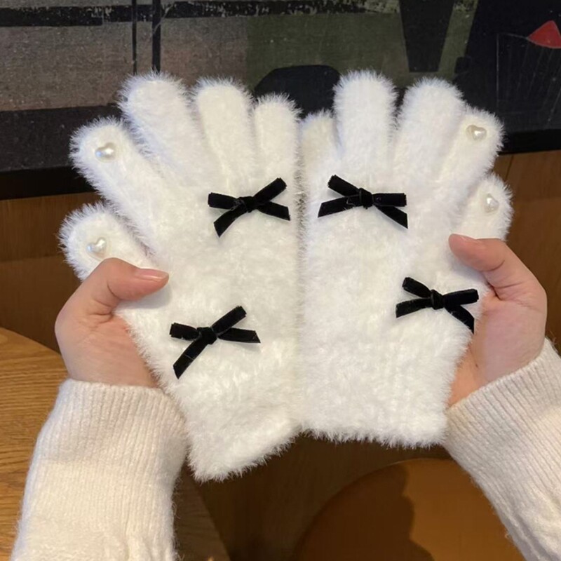 可爱白色毛绒分指手套女冬季骑车加厚保暖防寒自行车骑行防风护套