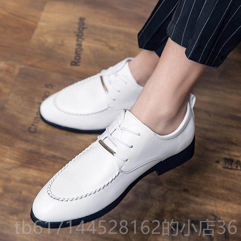 正品英伦韩版尖头皮鞋男商结务正休高闲装潮鞋子白色增婚鞋发型师
