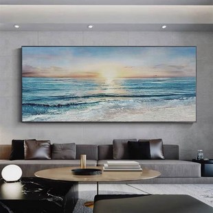 手绘油画现代简约日出大海客厅沙发背景墙装饰画别墅横版挂画壁画