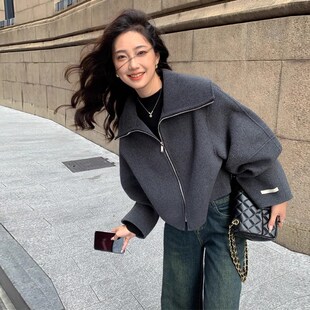 灰色短款双面羊绒大衣女秋冬新款小个子高级感超好看毛呢外套羊毛