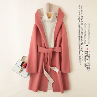 秋冬新款双面羊绒大衣女中长连帽高端小个子羊毛呢外套上衣洋气