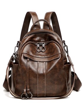 廿下油蜡皮复古双肩包女百搭多用背包街头潮流休闲旅行包学院书包