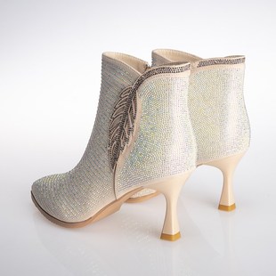 春季满钻高跟短靴女春秋单靴米白色配旗袍的鞋子闪闪细跟尖头气质