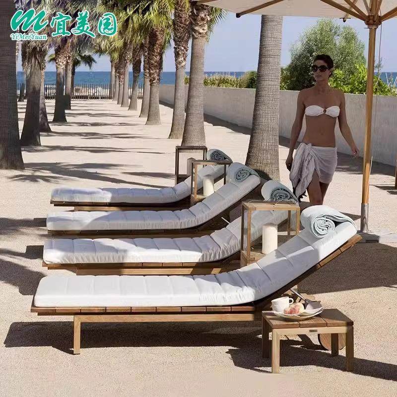 户外实木躺椅庭院休闲花园民宿防腐柚木躺床室外酒店游泳池沙滩椅