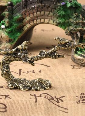 仿古铜实心黄铜喜上眉梢笔架小摆件喜鹊登梅古玩铜雕件铜器手把件