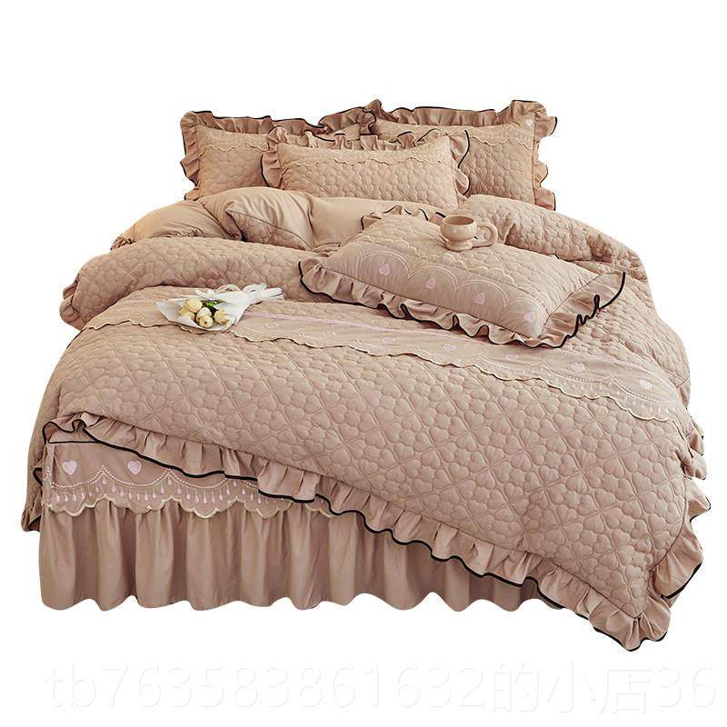 高档棉蕾丝床裙四件套单公主加厚纯色夹床罩床上4件套被套床1.5m1