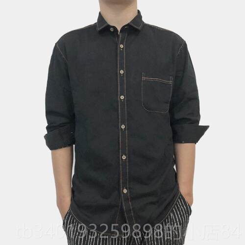 新款纯牛仔衬衫男女定咖作制LO棉GO绣花印字电力工服蓝色厂服啡店