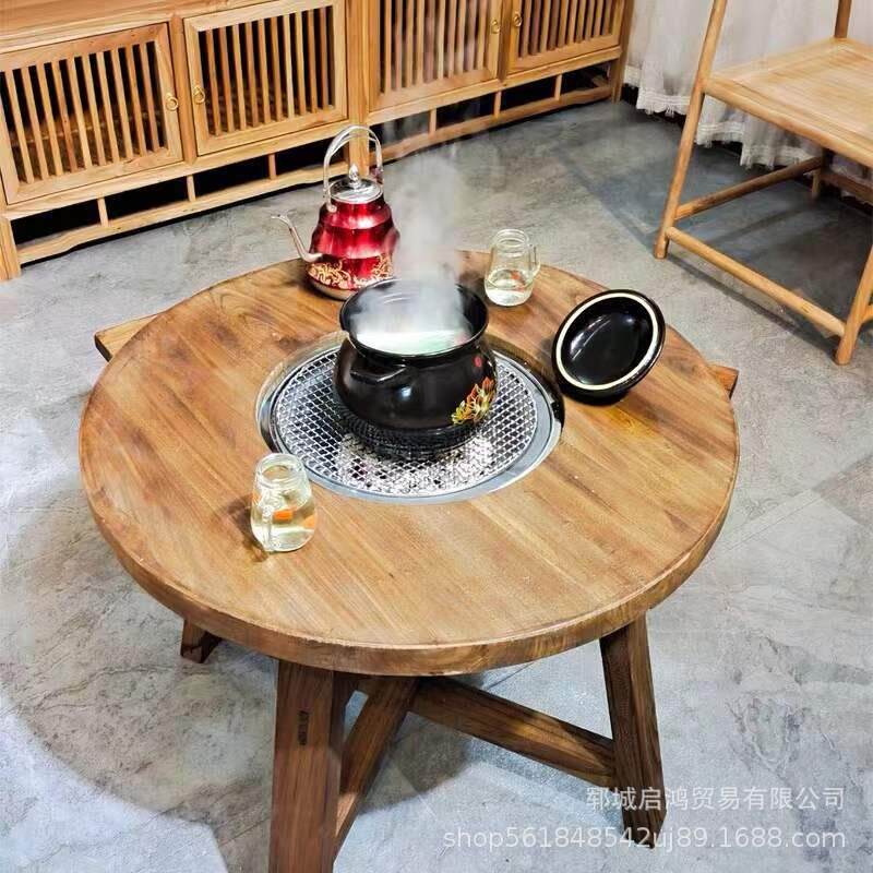 煮茶桌老榆木门板茶桌茶几实木圆桌茶台矮烧烤桌围炉烤肉中式茶楼