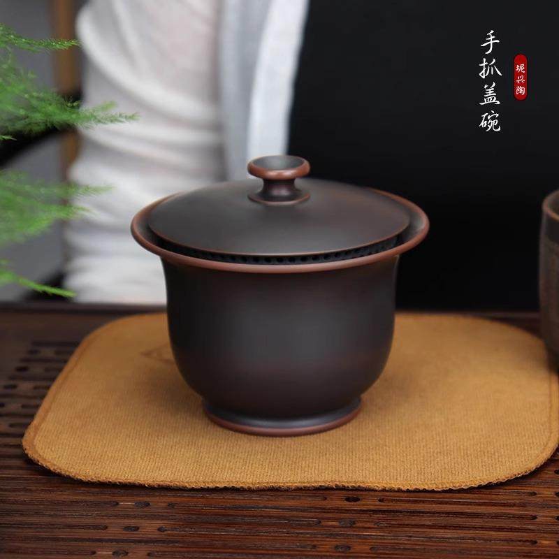 专业手抓盖碗 广西钦州坭兴陶茶壶纯手工全孔自带过滤免茶漏盖碗