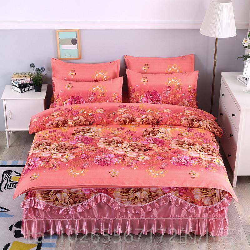 新款韩人版床裙式四件套全棉毛公主风单床双被套单欧式防滑花磨边