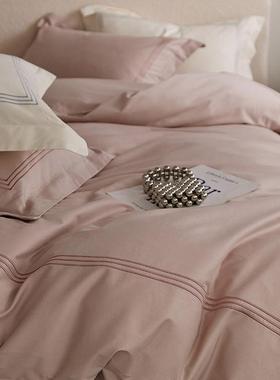 秋冬季全棉磨毛1.2m四件套三线刺绣加厚被套床笠款床品粉灰白色