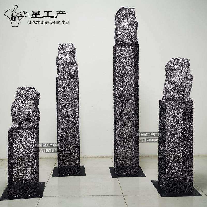 栓马柱狮子麒麟貔貅不锈钢镂空户外别墅庭院金属神兽雕塑软装摆件
