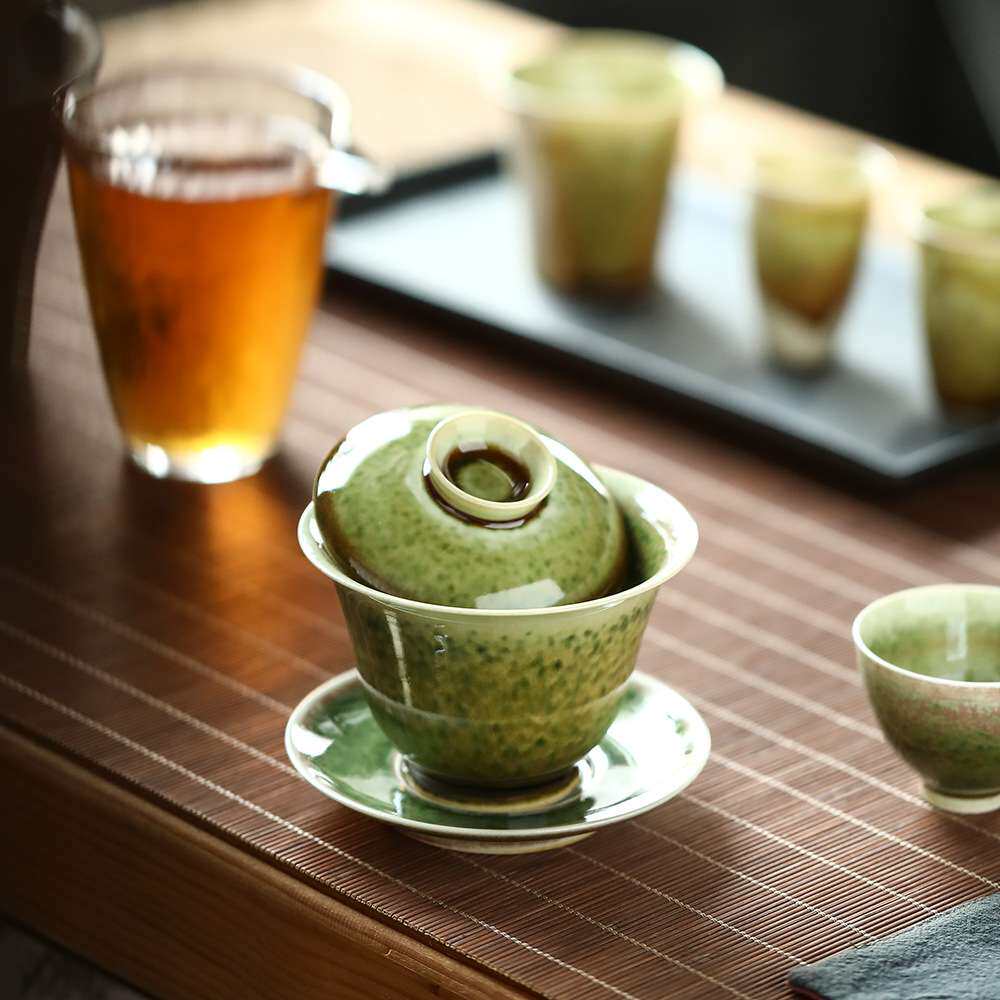 景德镇晴先生苏打绿柴烧颜色釉盖碗茶杯不烫手泡茶碗一碗四杯套装