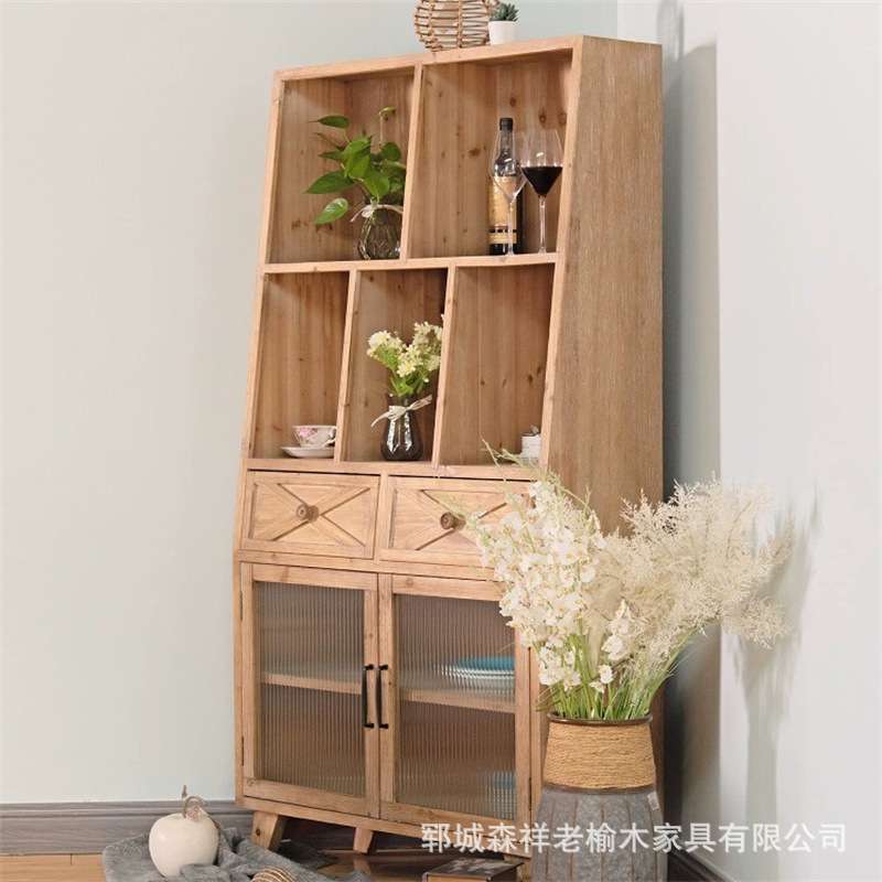 做旧老榆木玻璃柜长方形格子收纳柜靠墙角柜榆木家具玄关抽屉柜