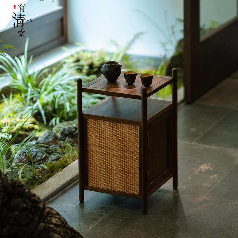 有清堂小边几实木小茶几黑胡桃木茶边柜茶水柜沙发边柜手工编藤