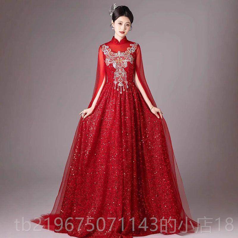 高档古筝演出服人女大考合唱表演服红试色轻奢民乐检定演奏成独唱