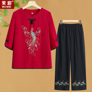 短袖 中老年人夏装 妈妈唐装 女奶奶寿宴装 T恤老太太宽松两件套 套装