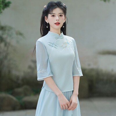 新中式改良汉服套装女款日常可穿国风刺绣唐装上衣阔腿裤裙茶艺服