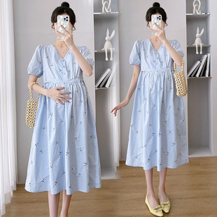 孕妇装连衣裙夏季新款大码时尚V领纯棉短袖可哺乳中长款宽松长裙