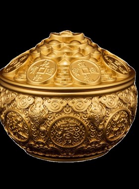 纯黄铜聚宝盆带盖百福缸摆件客厅米缸家用铜工艺品办公室开业礼品
