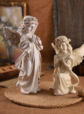 欧式复古少女天使摆件高级感仿石膏雕像艺术装饰品收纳托盘小摆设