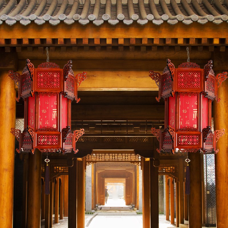 中式仿古实木宫灯大红灯笼旋转六角宫灯别墅大门过道祠堂仿古吊灯