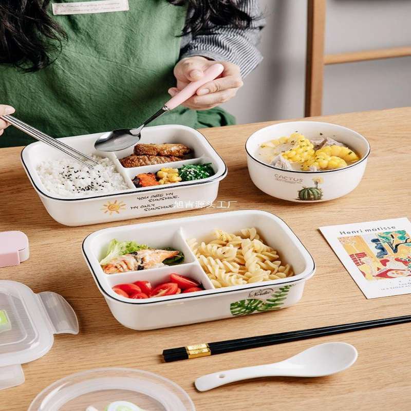 可微波炉加热可扣带扣上班族带饭陶瓷饭盒密封带盖便当盒三格多格