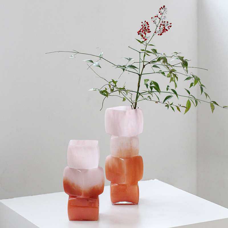 中古风渐变落日红几何方块花瓶餐桌软装酒店电视柜台面装饰品摆件