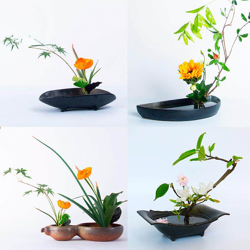陶瓷花器禅意花盘黑色斗笠碗小原流插花器套日式花道插花器皿