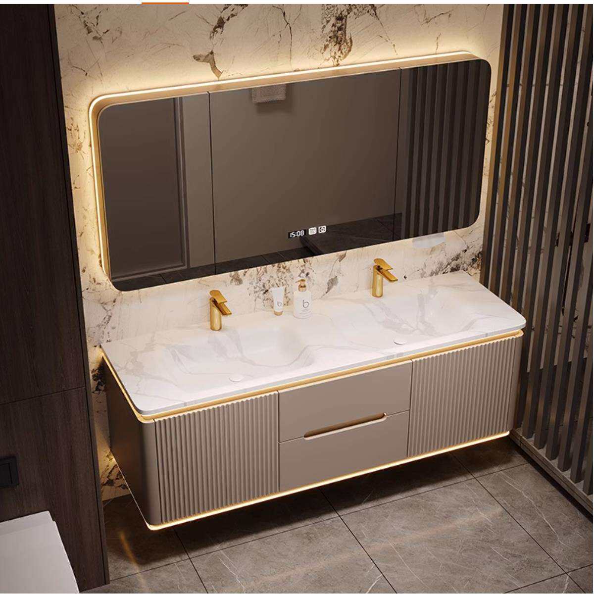 cs岩板热弯无缝一体双盆橡木浴室柜组合卫生间洗手洗脸洗漱台盆柜