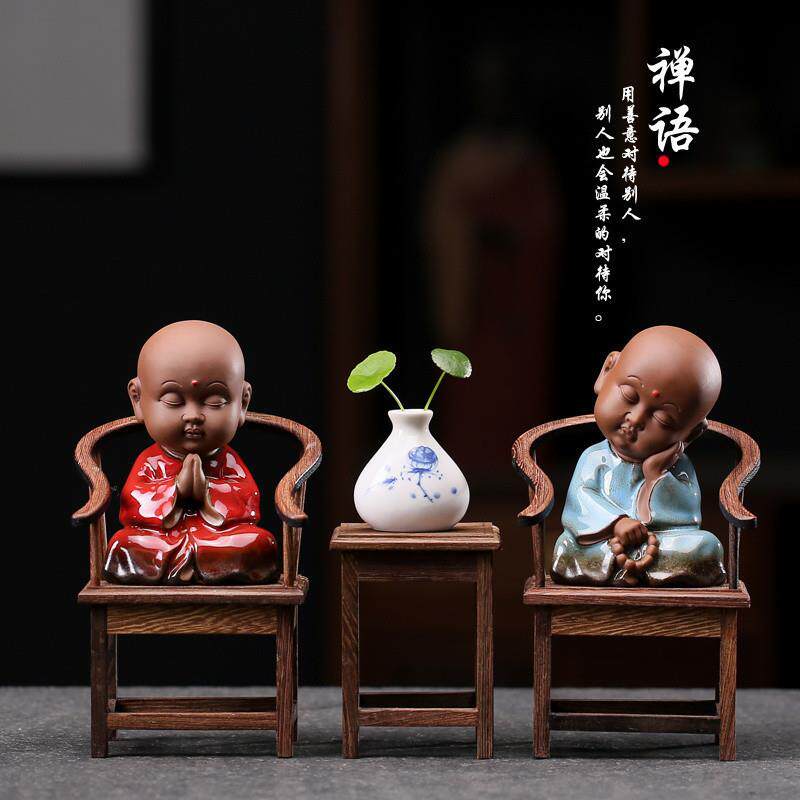 中式禅意个性小和尚家居装饰工艺品摆件茶道茶桌茶玩茶宠套装摆∑