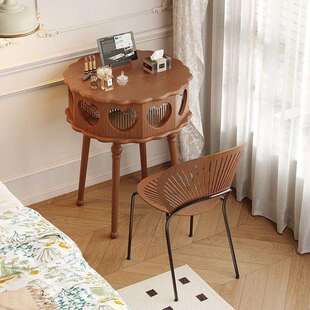 实木化妆桌法式中古风圆桌梳妆台隐藏式镜子卧室落地小户型化妆台