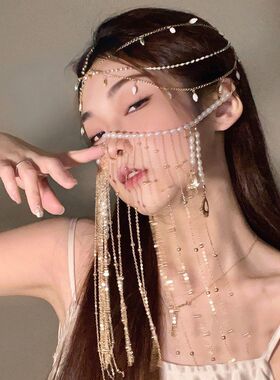 汉服古风流苏面纱发夹式遮脸头饰