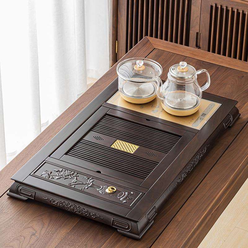 茶具套装家用高端黑檀实木边雕茶盘茶台无茶具款玻璃烧水壶一体式