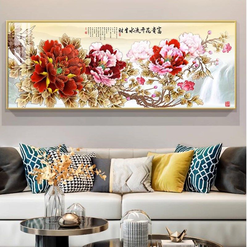 中式现代客厅装饰画沙发背景墙壁国事牡挂花开富贵丹画家和万画兴