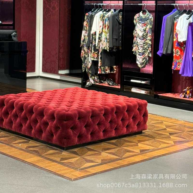 美式衣帽间换鞋凳方形丝绒拉扣客厅沙发凳设计创意凳子法式床尾凳