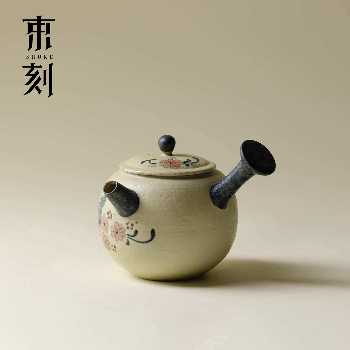 束刻青花火石红釉下彩蝴蝶手抓小壶家用泡茶壶功夫茶具带球孔过滤