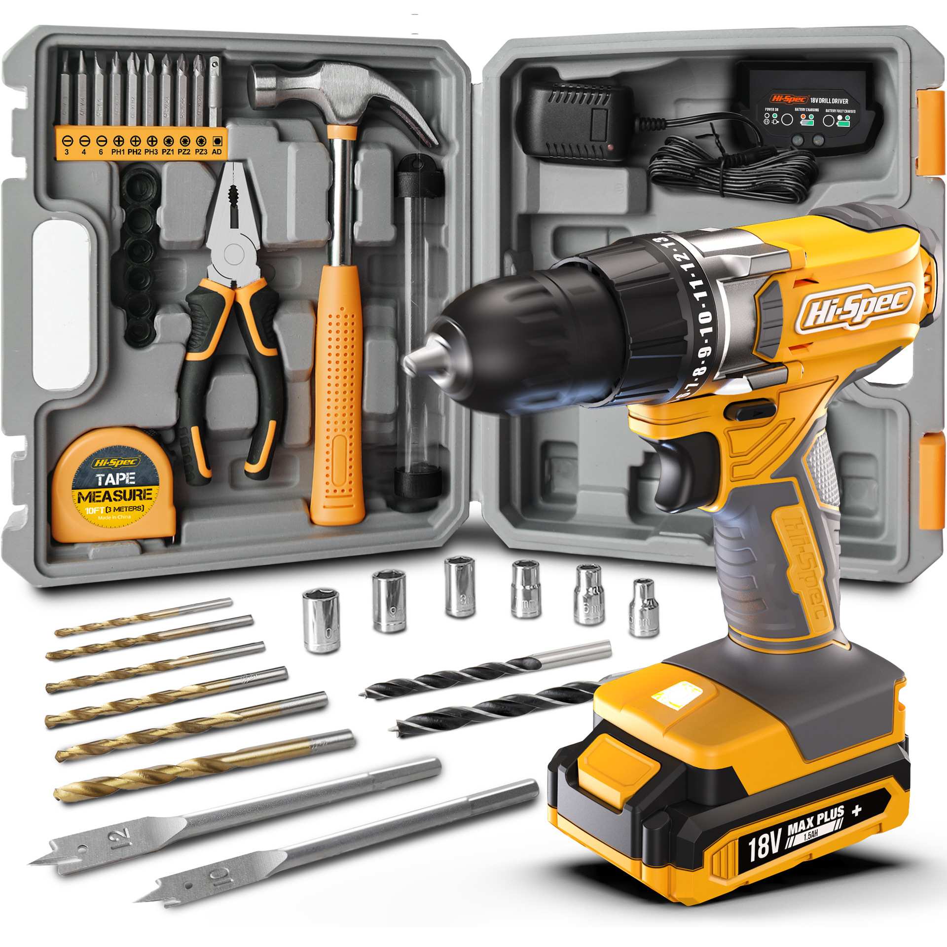 Hi-Spec 30件套家用电动工具组套18V电钻工具箱卷尺家用五金工具