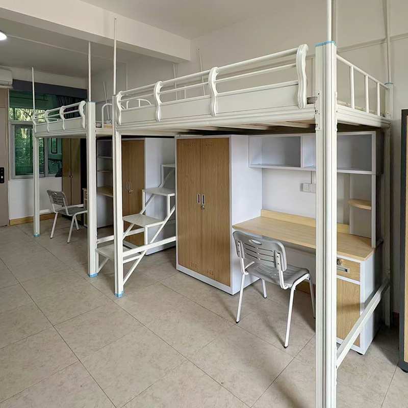 员工宿舍床上铺下桌学生铁艺床连体步梯高架床单人衣柜书桌组合床