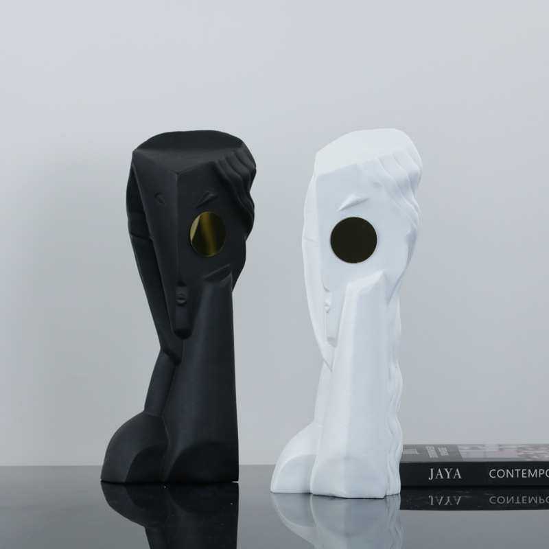 现代简约树脂白色黑色蓝色金眼艺术人像摆件酒店售楼处软装饰品